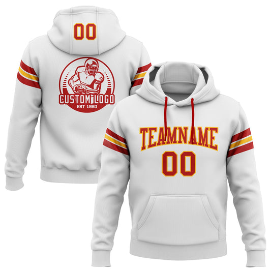 Custom Stitched White Red-Gold Football Pullover Sweatshirt Hoodie - Main View