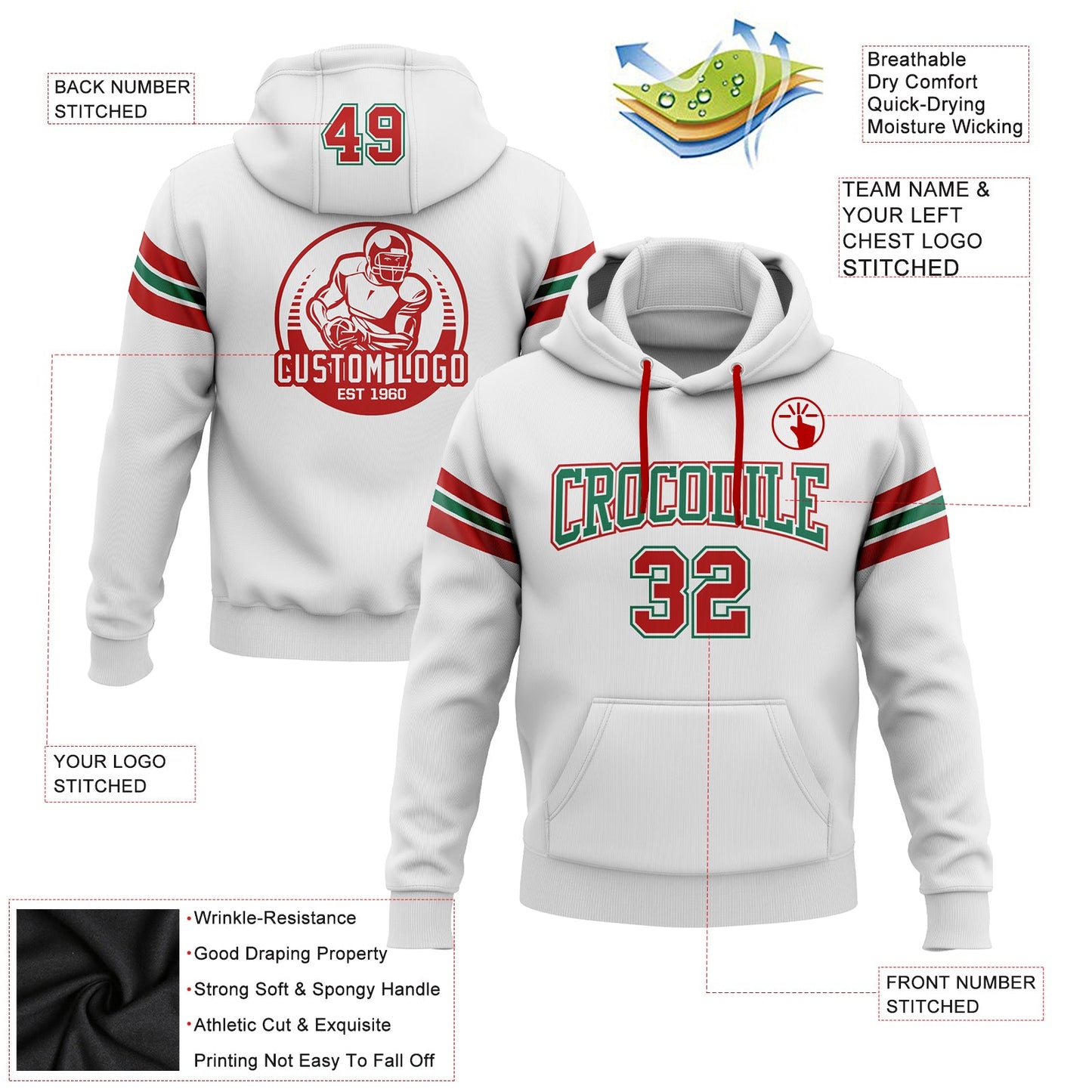 Custom Stitched White Red-Kelly Green Football Pullover Sweatshirt Hoodie view 2