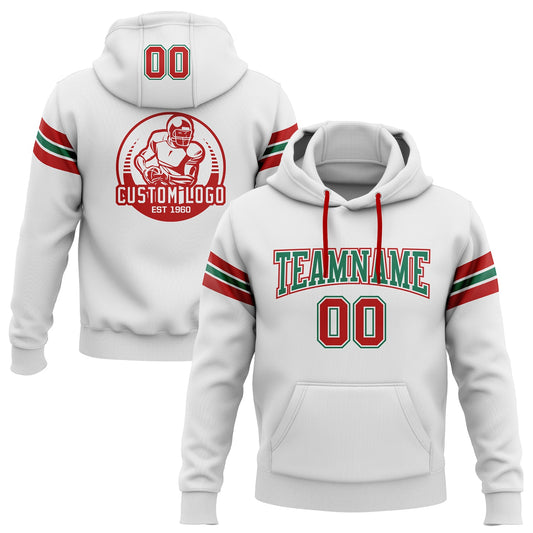 Custom Stitched White Red-Kelly Green Football Pullover Sweatshirt Hoodie - Main View