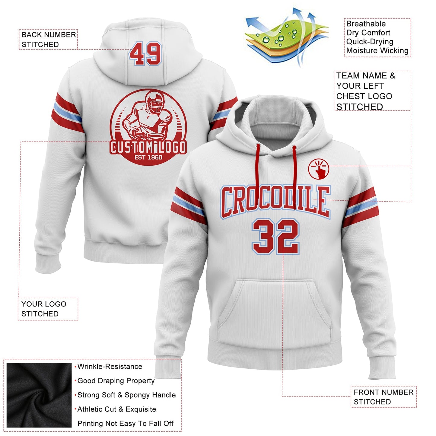 Custom Stitched White Red-Light Blue Football Pullover Sweatshirt Hoodie view 2