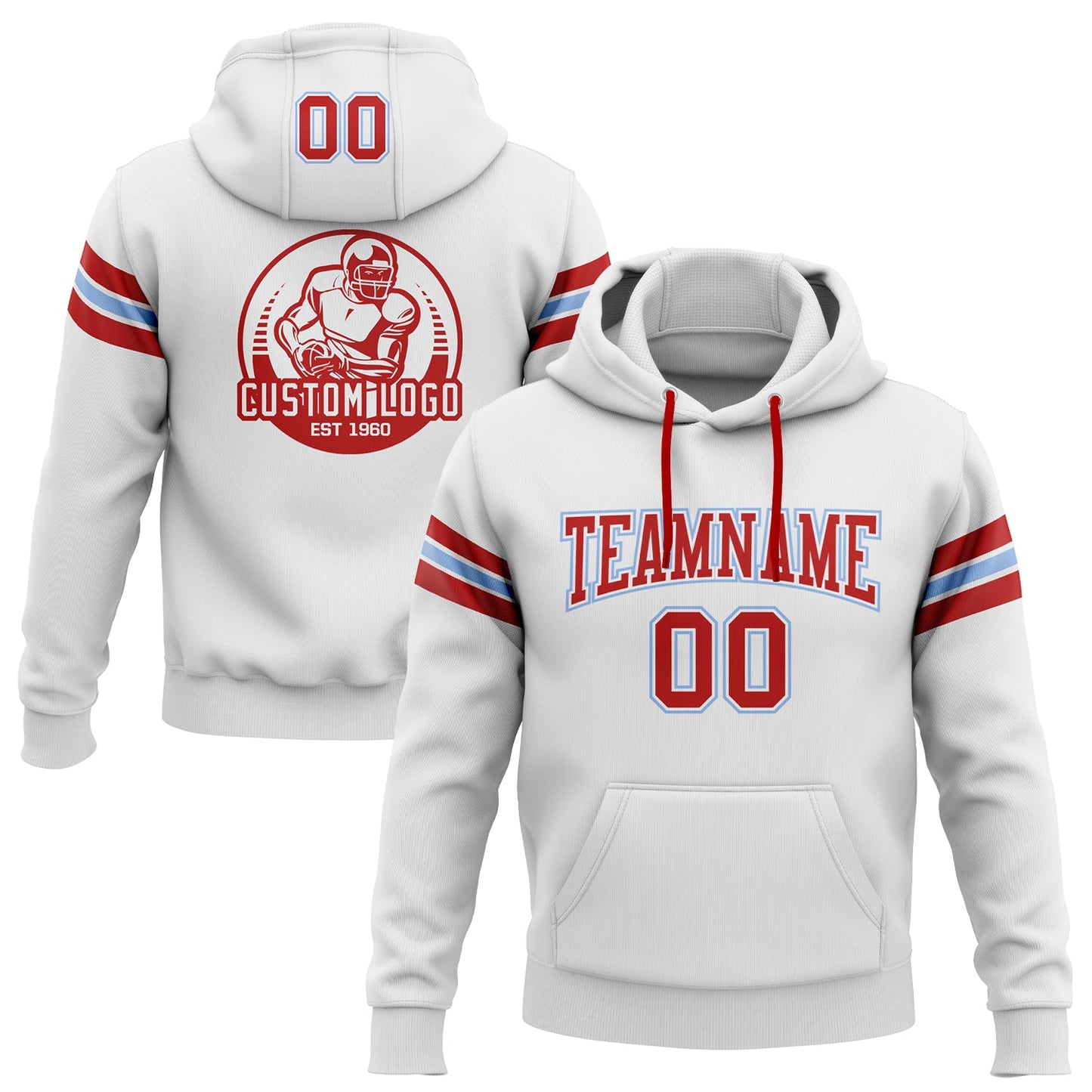 Custom Stitched White Red-Light Blue Football Pullover Sweatshirt Hoodie - Main View