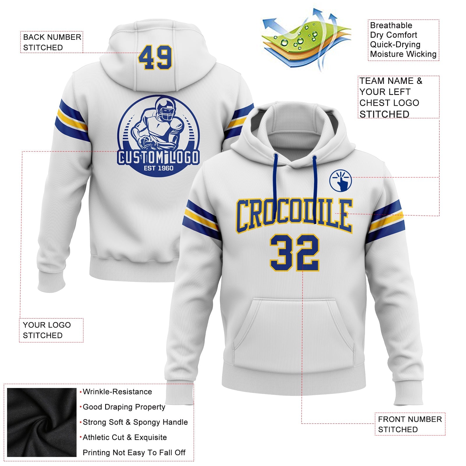 Custom Stitched White Royal-Yellow Football Pullover Sweatshirt Hoodie view 2