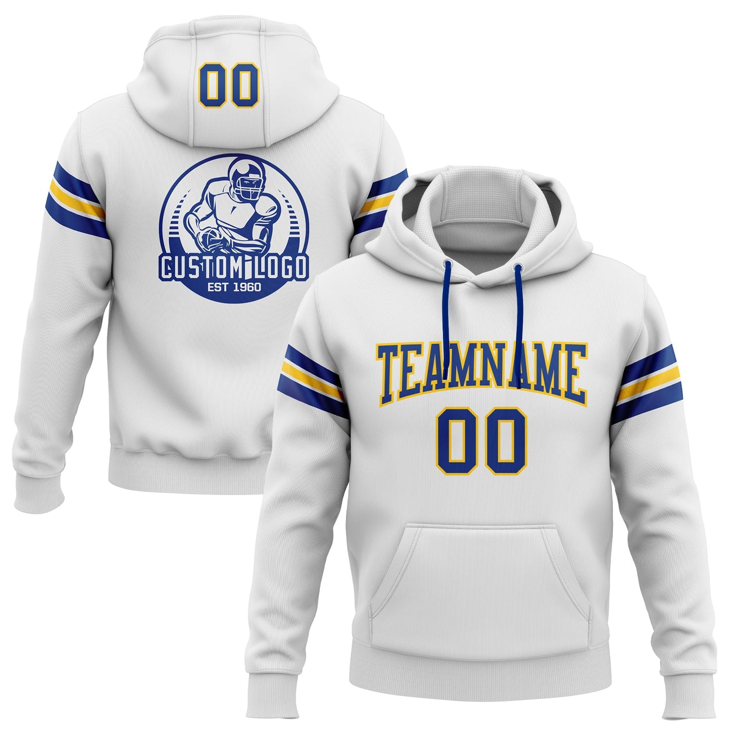 Custom Stitched White Royal-Yellow Football Pullover Sweatshirt Hoodie - Main View
