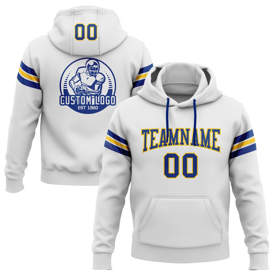 Custom Stitched White Royal-Yellow Football Pullover Sweatshirt Hoodie - Main View