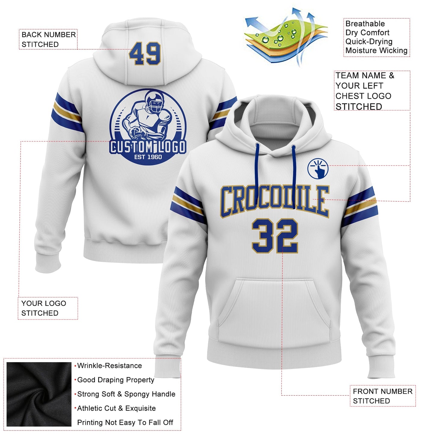 Custom Stitched White Royal-Old Gold Football Pullover Sweatshirt Hoodie view 2
