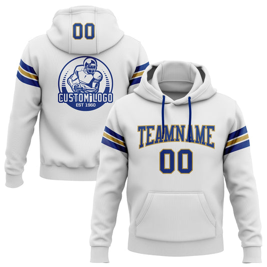 Custom Stitched White Royal-Old Gold Football Pullover Sweatshirt Hoodie - Main View