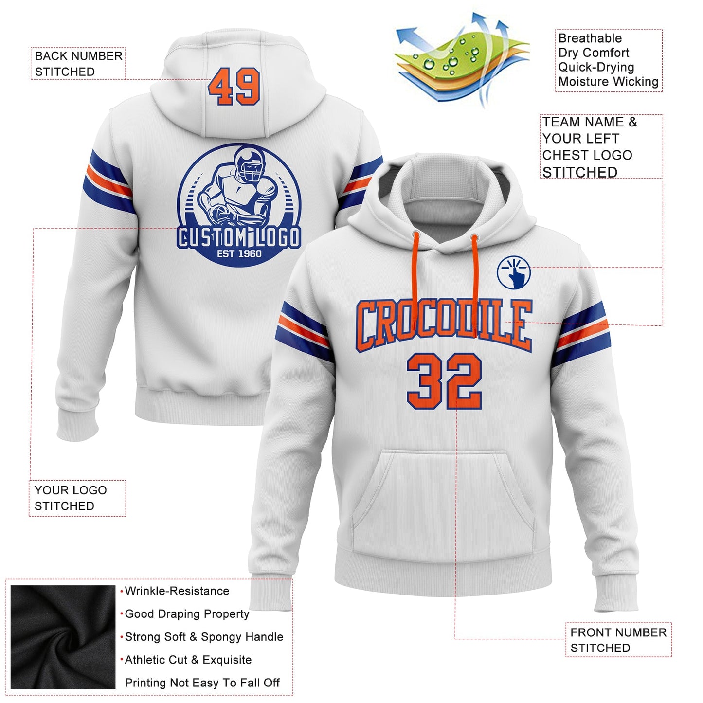 Custom Stitched White Orange-Royal Football Pullover Sweatshirt Hoodie view 2