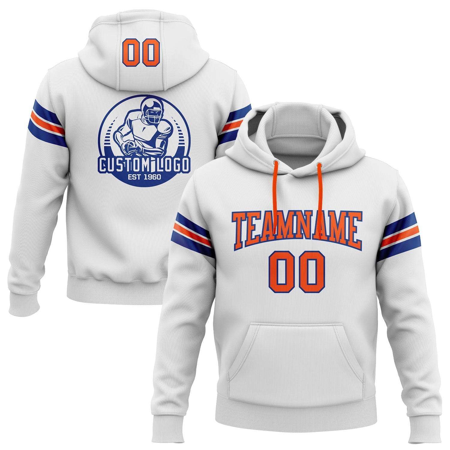 Custom Stitched White Orange-Royal Football Pullover Sweatshirt Hoodie - Main View