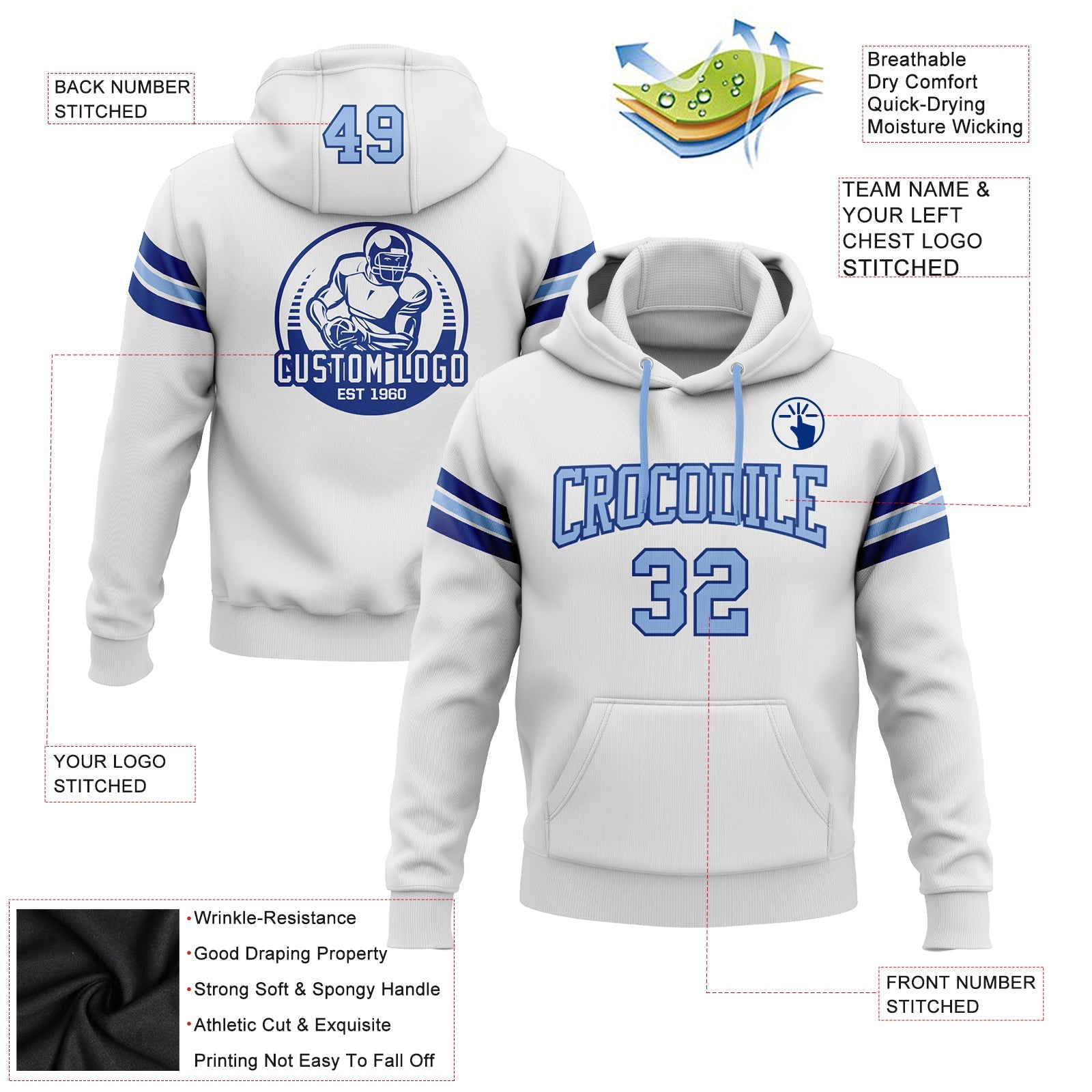 Custom Stitched White Light Blue-Royal Football Pullover Sweatshirt Hoodie view 2