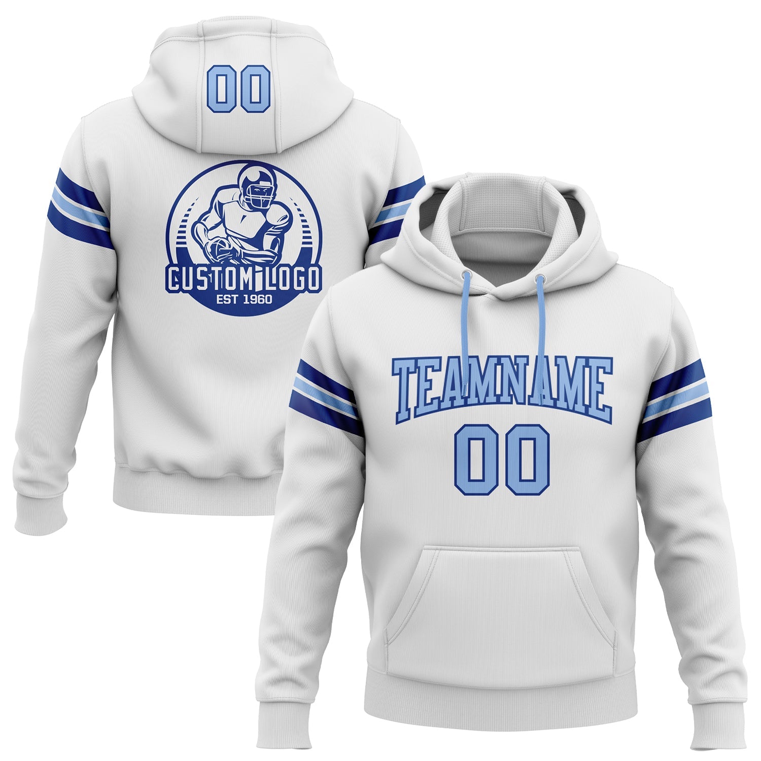 Custom Stitched White Light Blue-Royal Football Pullover Sweatshirt Hoodie - Main View