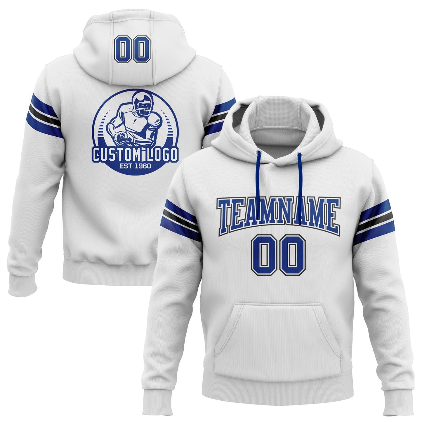 Custom Stitched White Royal-Black Football Pullover Sweatshirt Hoodie - Main View