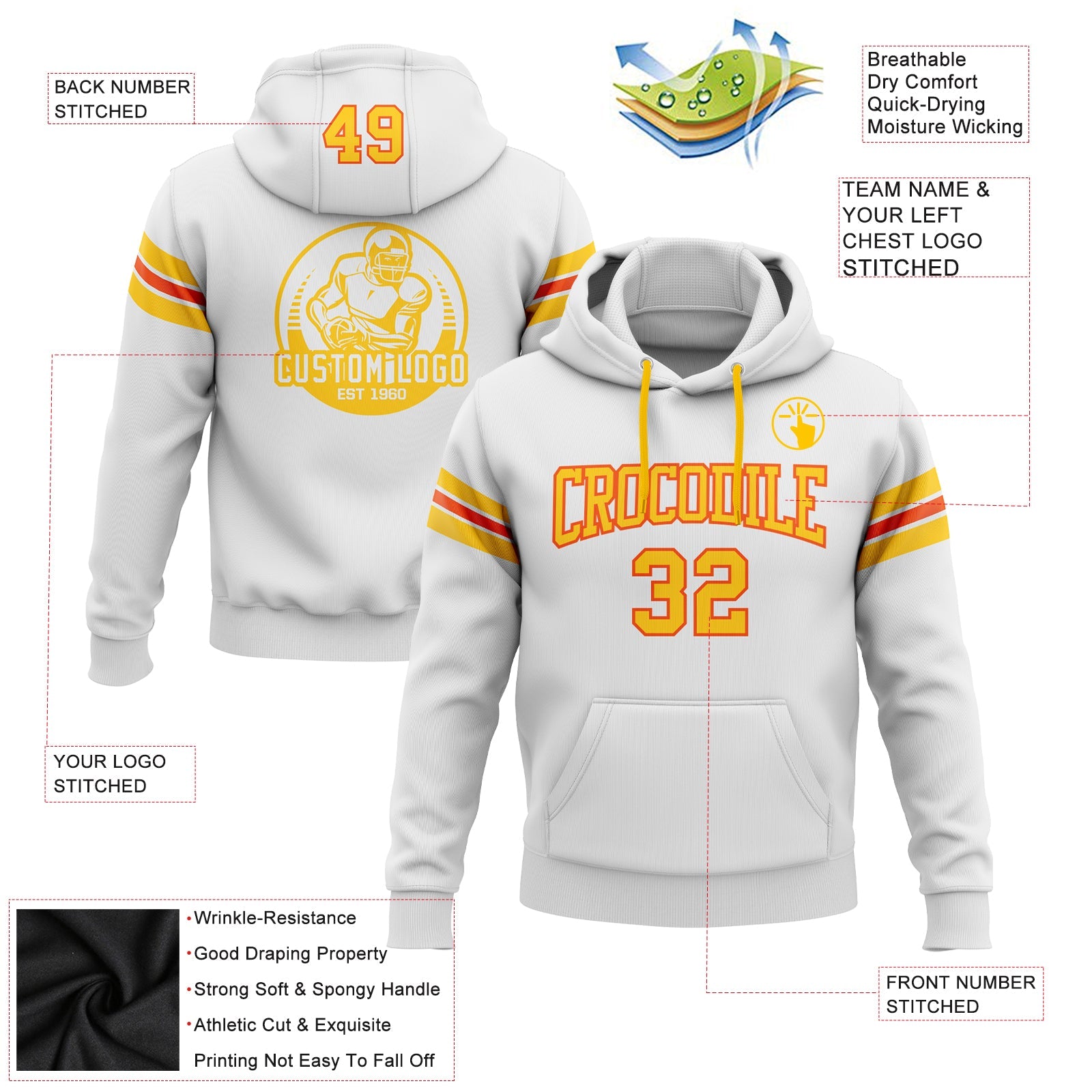 Custom Stitched White Yellow-Orange Football Pullover Sweatshirt Hoodie view 2