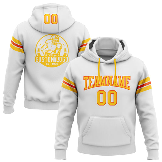 Custom Stitched White Yellow-Orange Football Pullover Sweatshirt Hoodie - Main View