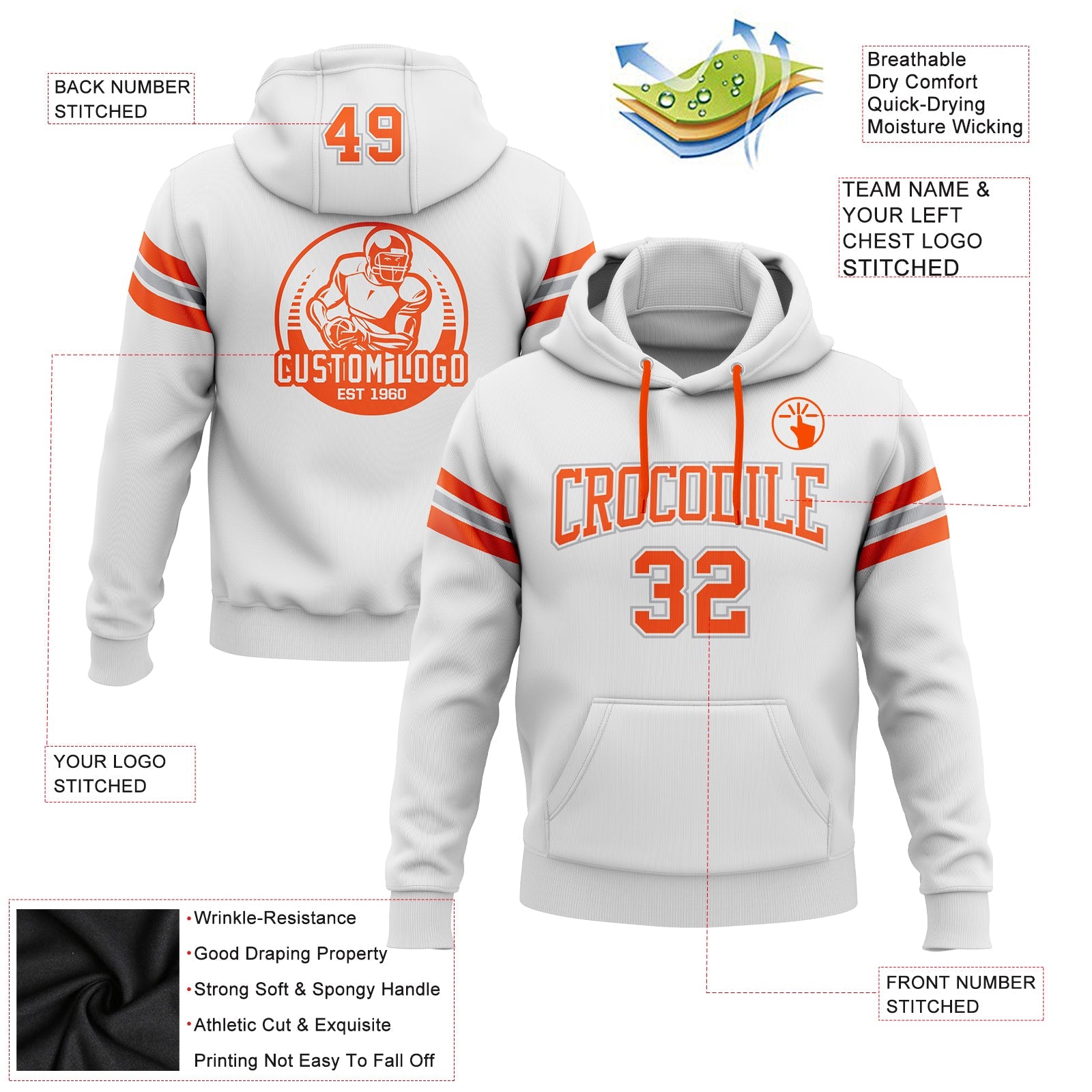 Custom Stitched White Orange-Gray Football Pullover Sweatshirt Hoodie view 2