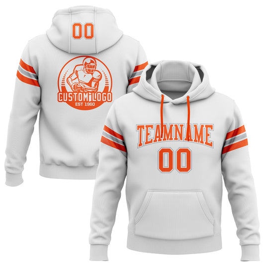 Custom Stitched White Orange-Gray Football Pullover Sweatshirt Hoodie - Main View