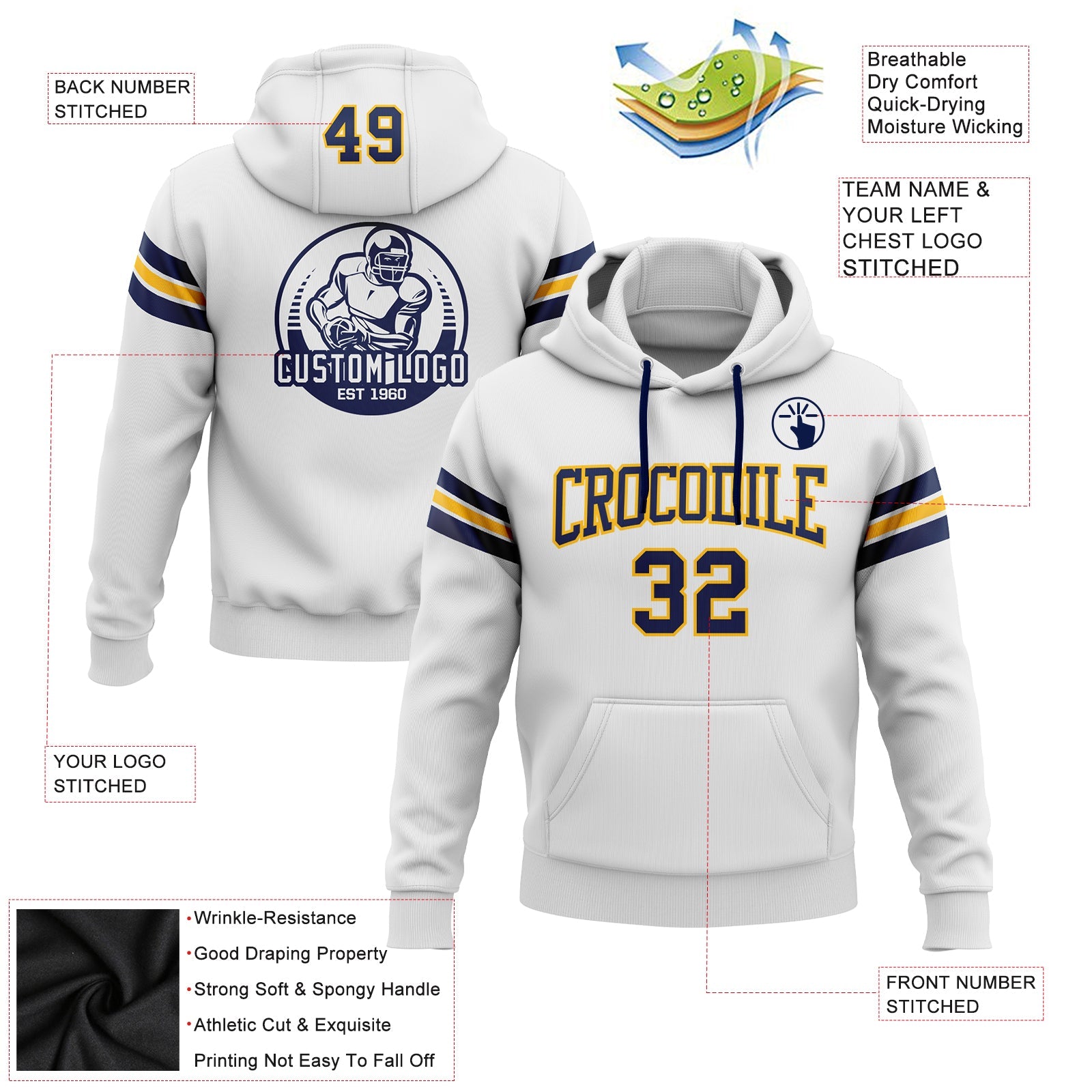 Custom Stitched White Navy-Gold Football Pullover Sweatshirt Hoodie view 2