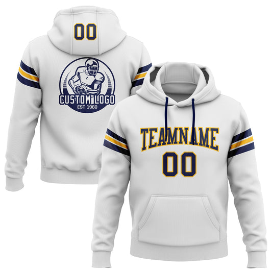 Custom Stitched White Navy-Gold Football Pullover Sweatshirt Hoodie - Main View