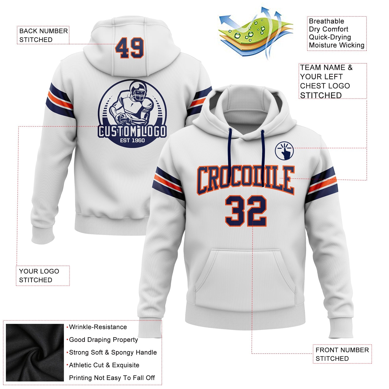 Custom Stitched White Navy-Orange Football Pullover Sweatshirt Hoodie view 2