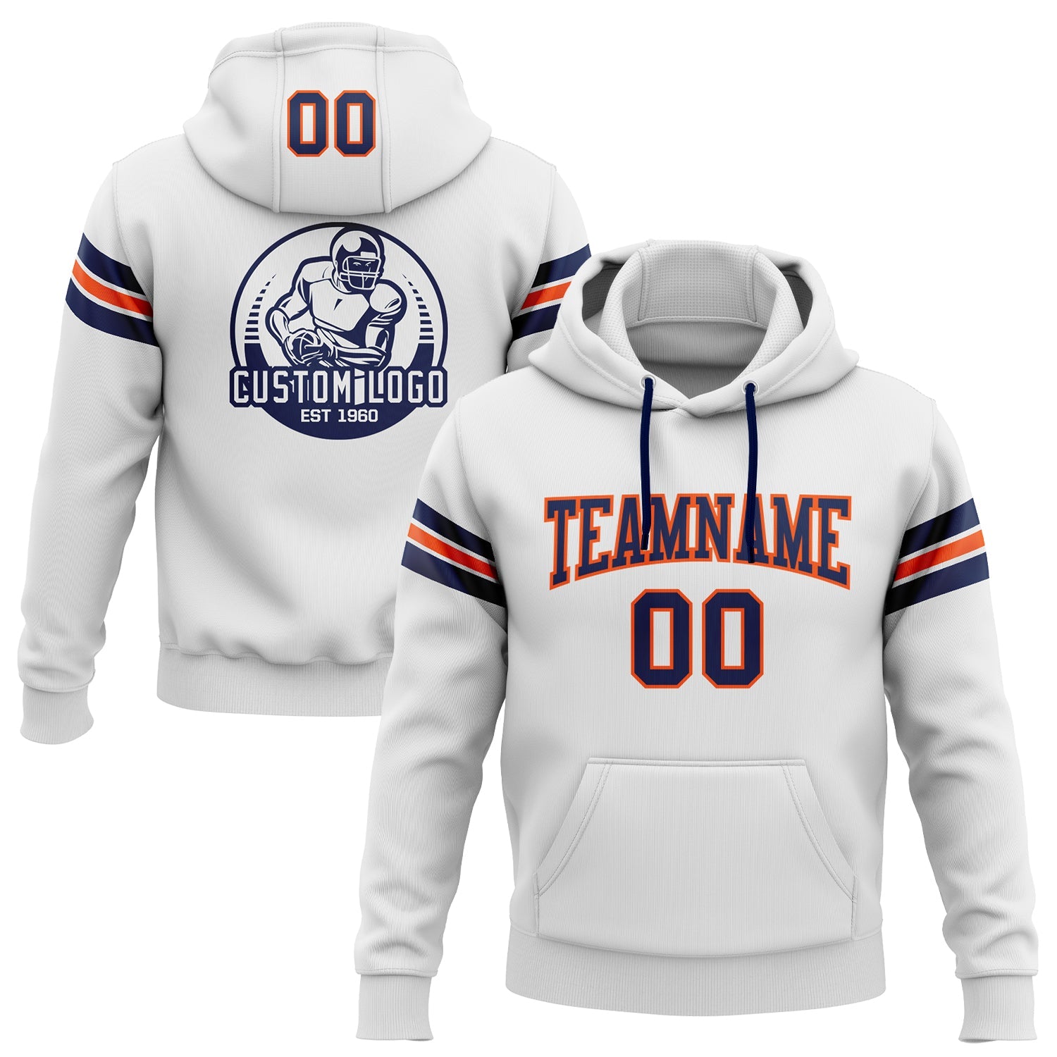 Custom Stitched White Navy-Orange Football Pullover Sweatshirt Hoodie - Main View