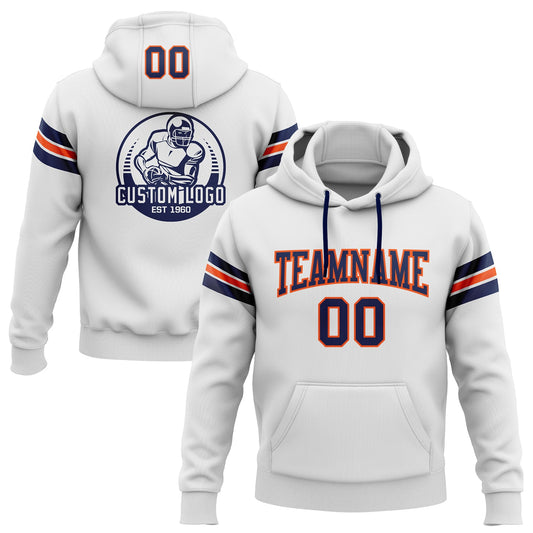 Custom Stitched White Navy-Orange Football Pullover Sweatshirt Hoodie - Main View