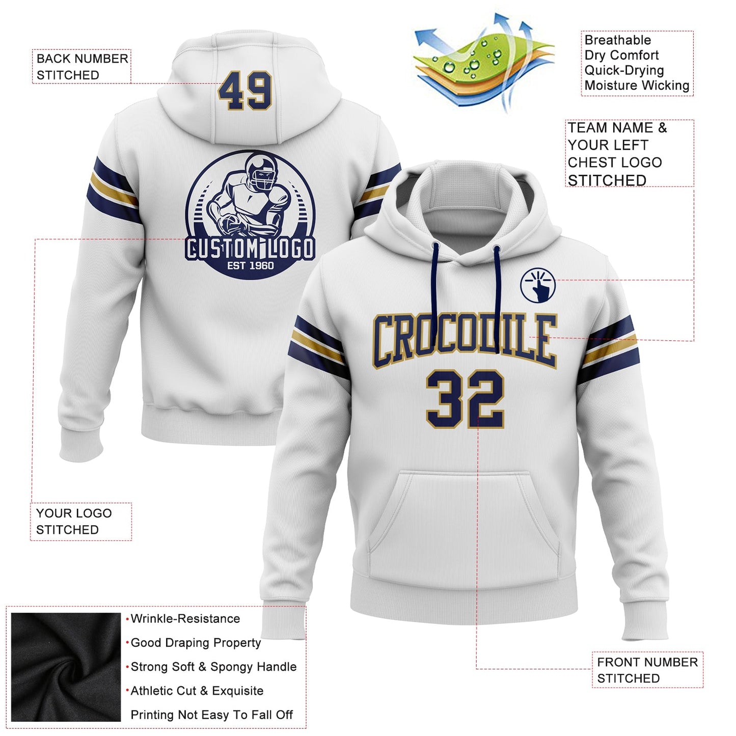 Custom Stitched White Navy-Old Gold Football Pullover Sweatshirt Hoodie view 2