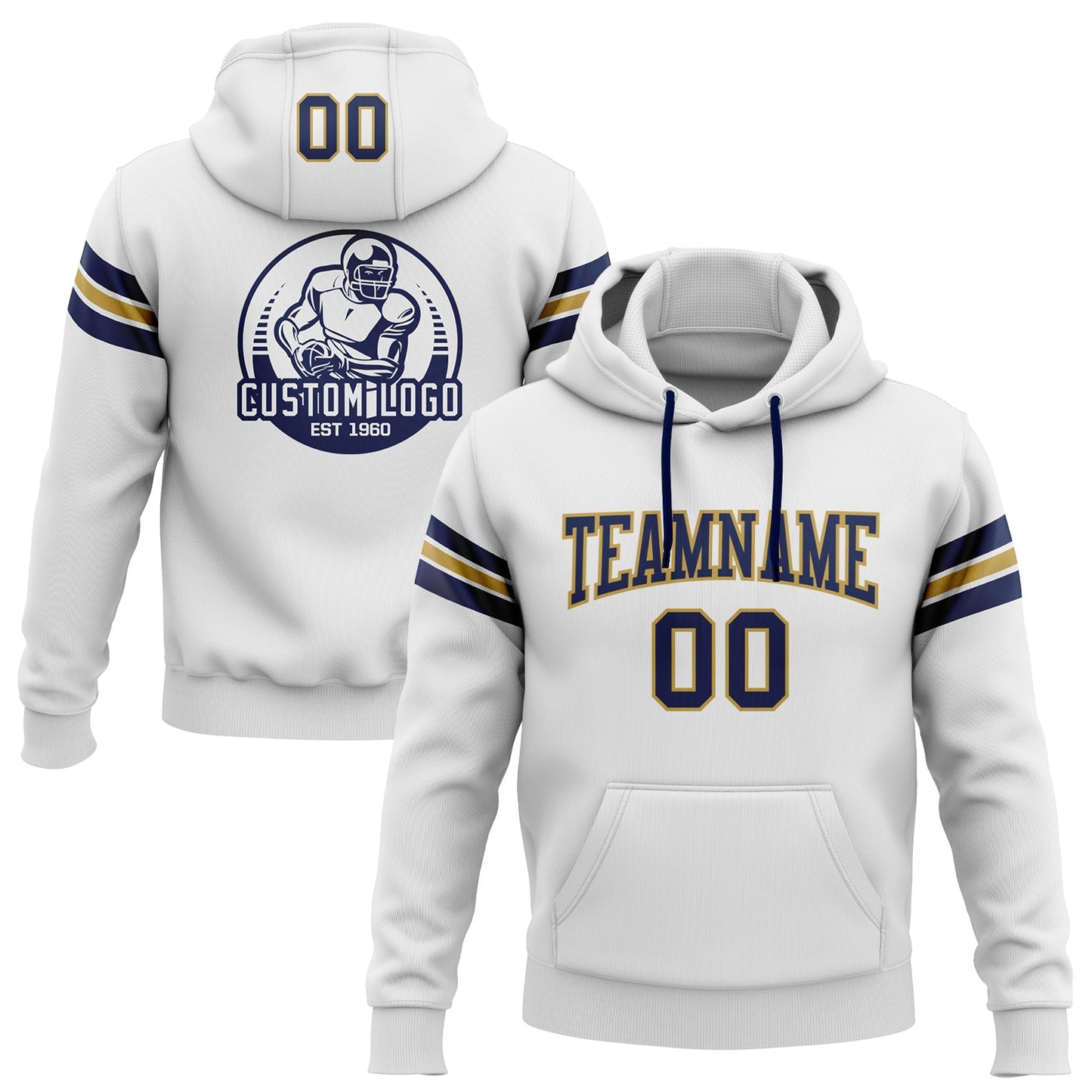 Custom Stitched White Navy-Old Gold Football Pullover Sweatshirt Hoodie - Main View