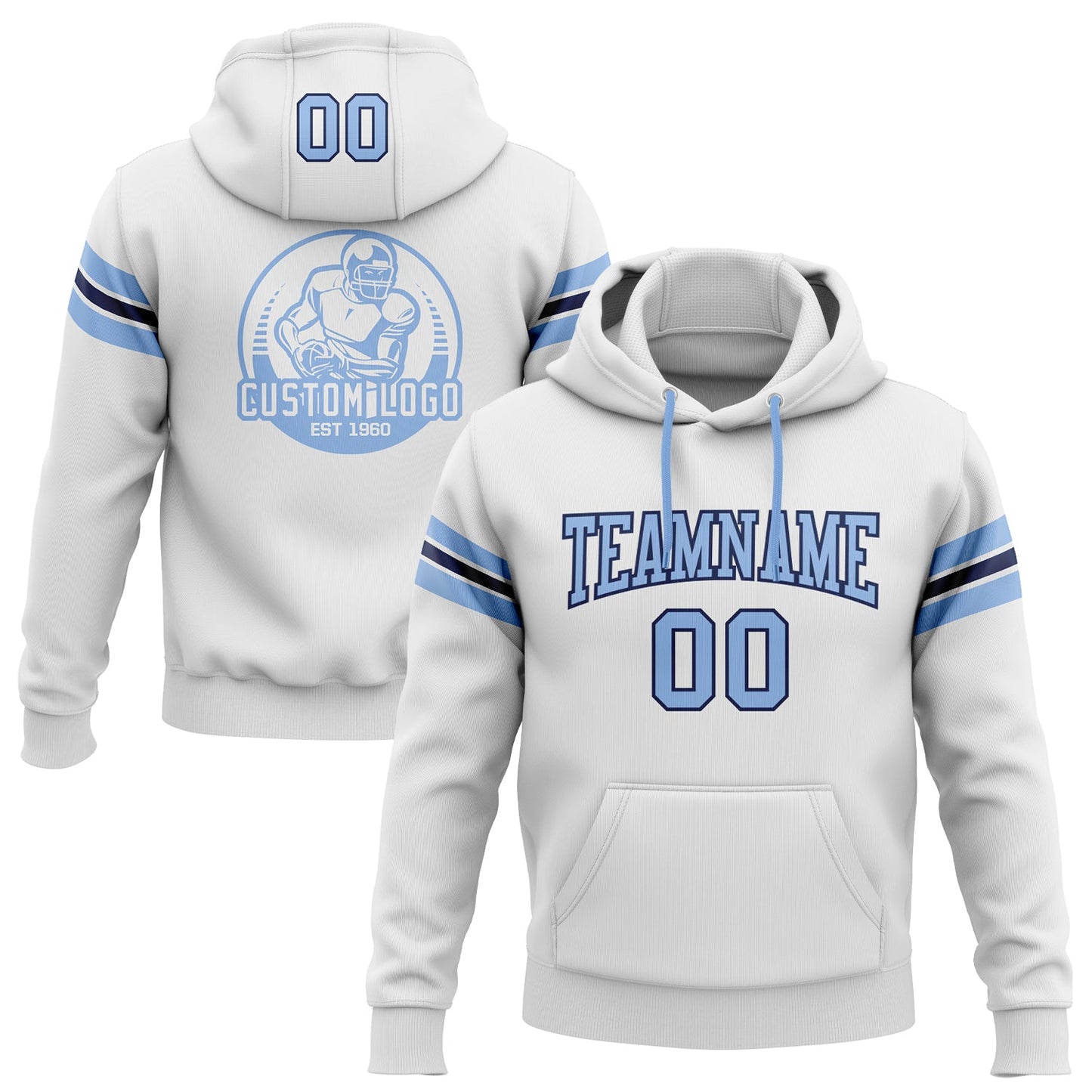 Custom Stitched White Light Blue-Navy Football Pullover Sweatshirt Hoodie - Main View