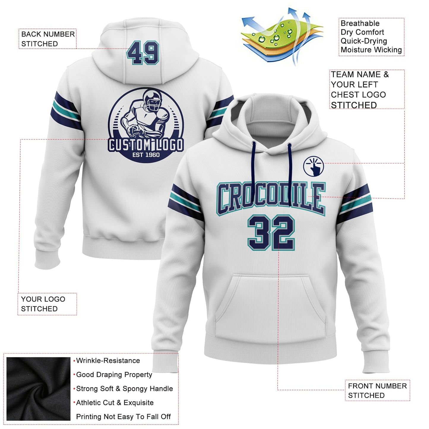 Custom Stitched White Navy Gray-Teal Football Pullover Sweatshirt Hoodie view 2