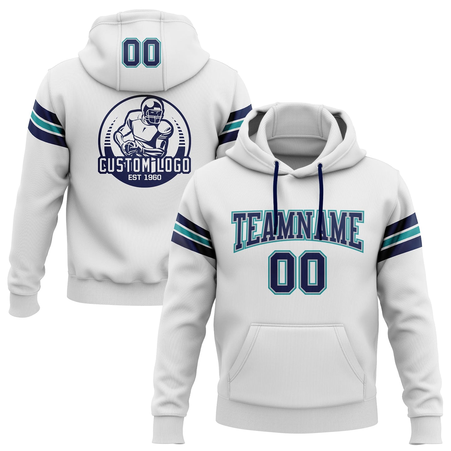 Custom Stitched White Navy Gray-Teal Football Pullover Sweatshirt Hoodie - Main View