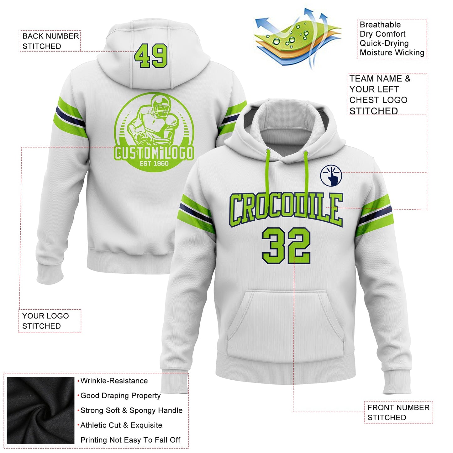 Custom Stitched White Neon Green-Navy Football Pullover Sweatshirt Hoodie view 2