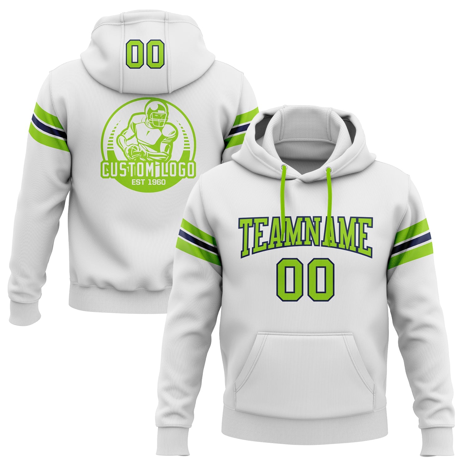 Custom Stitched White Neon Green-Navy Football Pullover Sweatshirt Hoodie - Main View