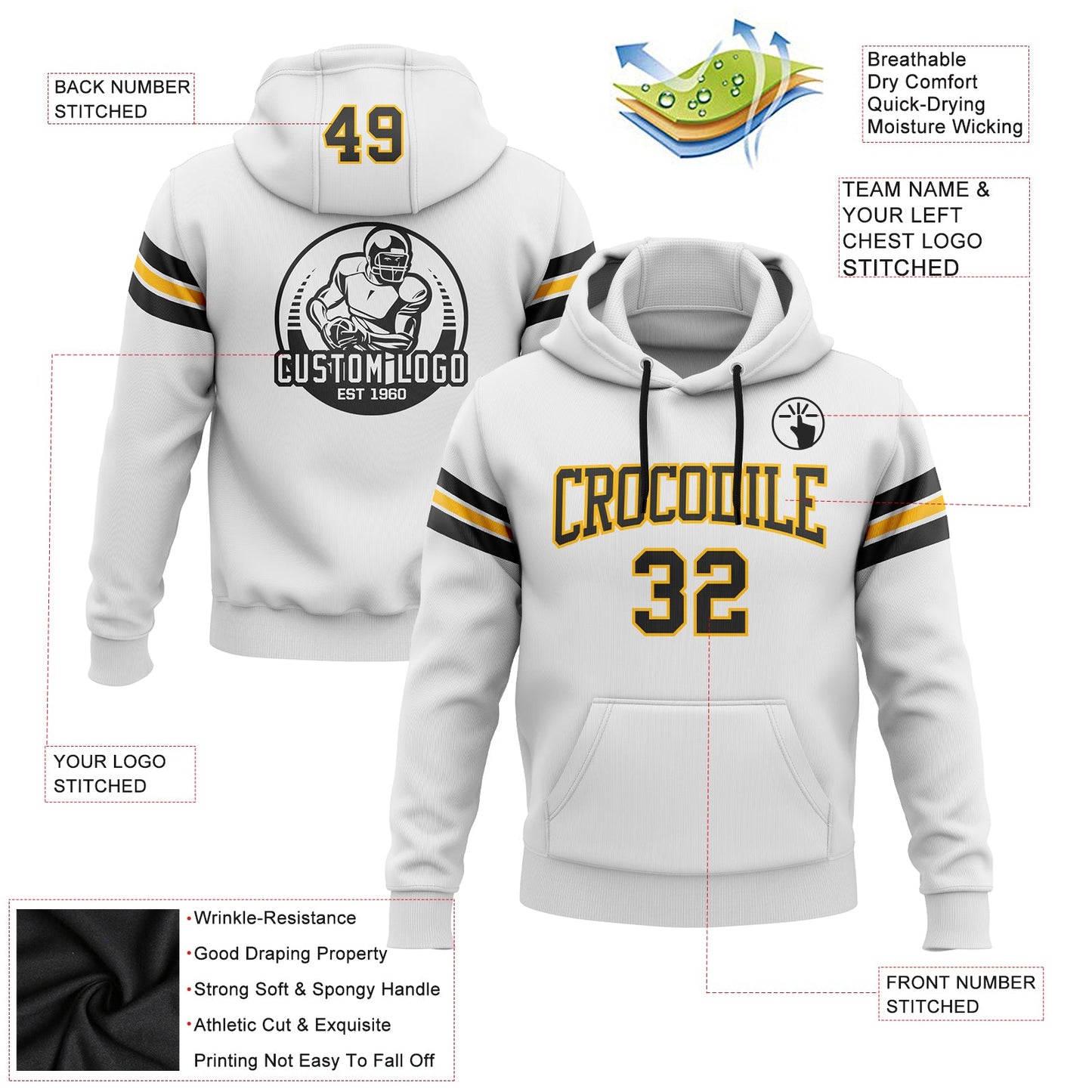 Custom Stitched White Black-Gold Football Pullover Sweatshirt Hoodie view 2