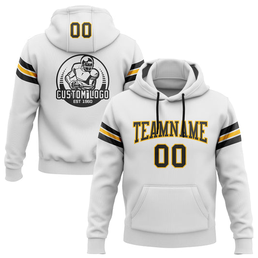 Custom Stitched White Black-Gold Football Pullover Sweatshirt Hoodie - Main View
