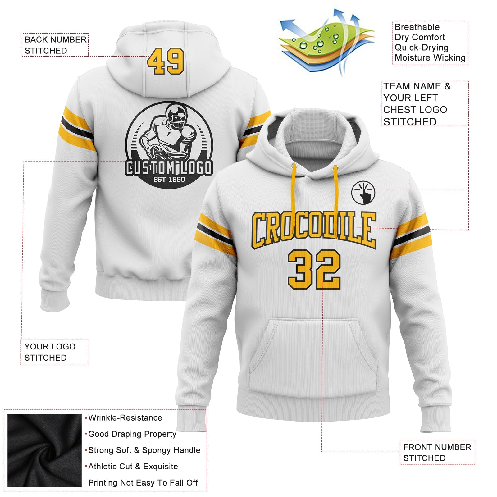 Custom Stitched White Gold-Black Football Pullover Sweatshirt Hoodie view 2