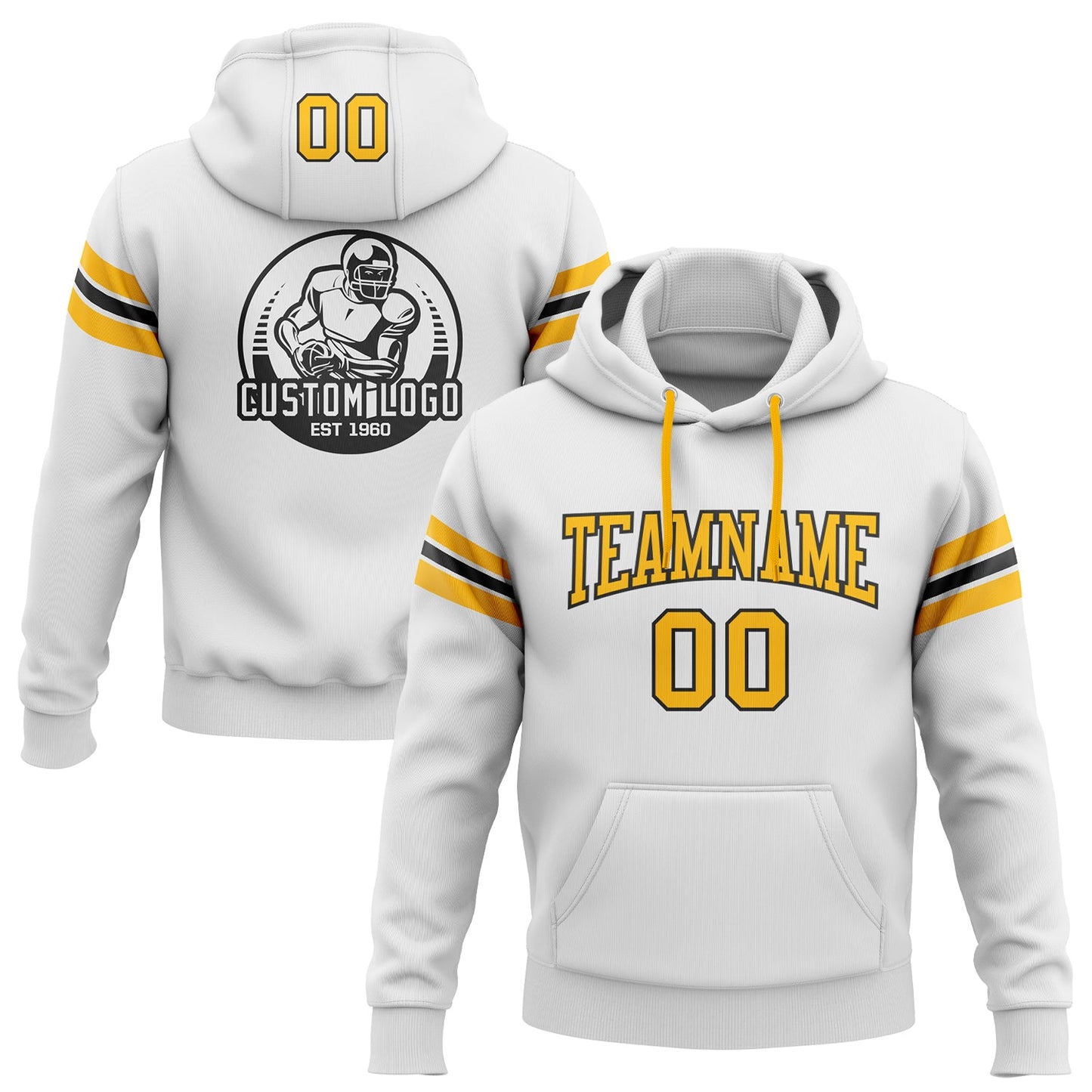 Custom Stitched White Gold-Black Football Pullover Sweatshirt Hoodie - Main View