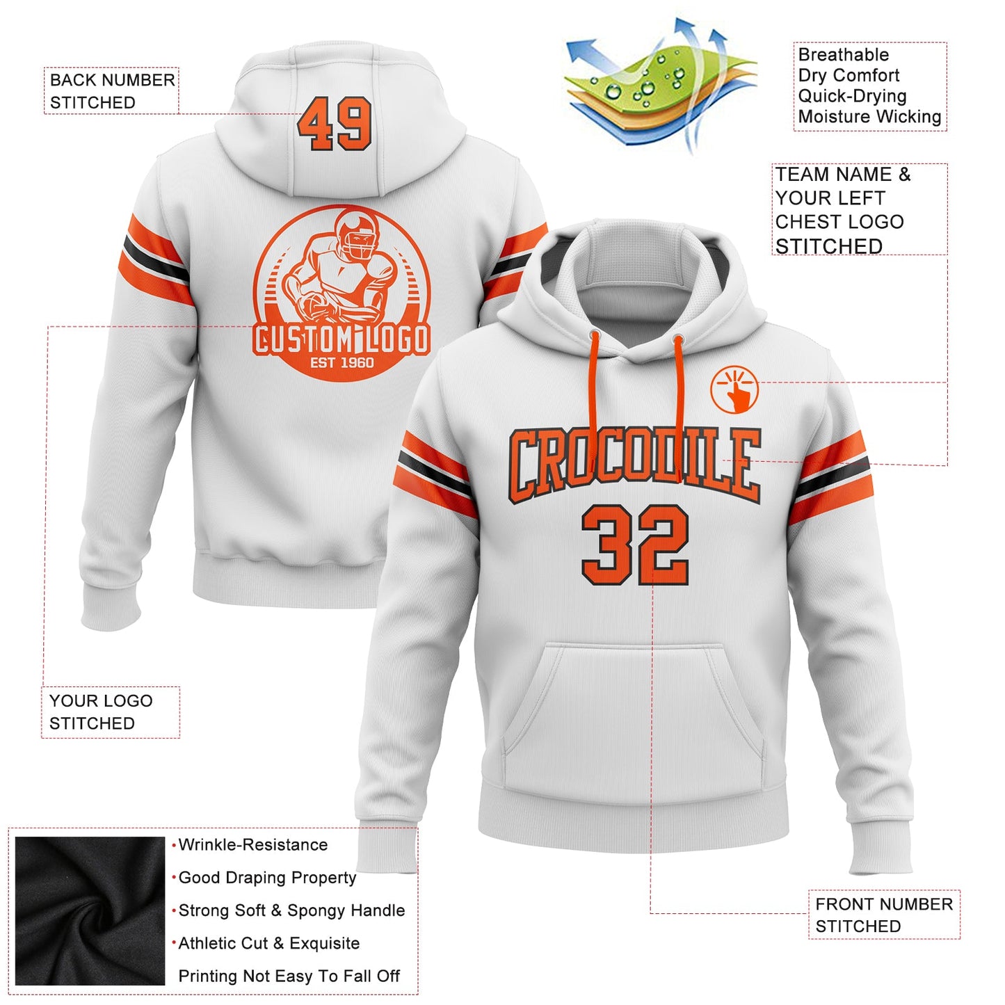 Custom Stitched White Orange-Black Football Pullover Sweatshirt Hoodie view 2