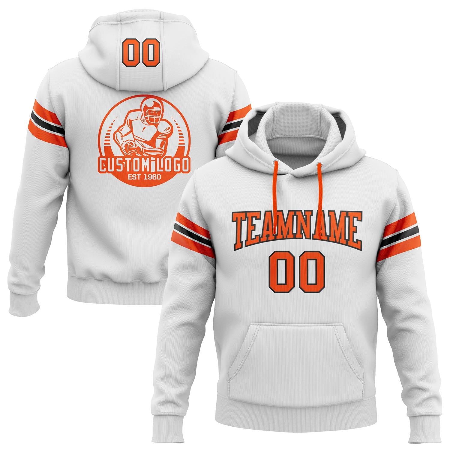 Custom Stitched White Orange-Black Football Pullover Sweatshirt Hoodie - Main View