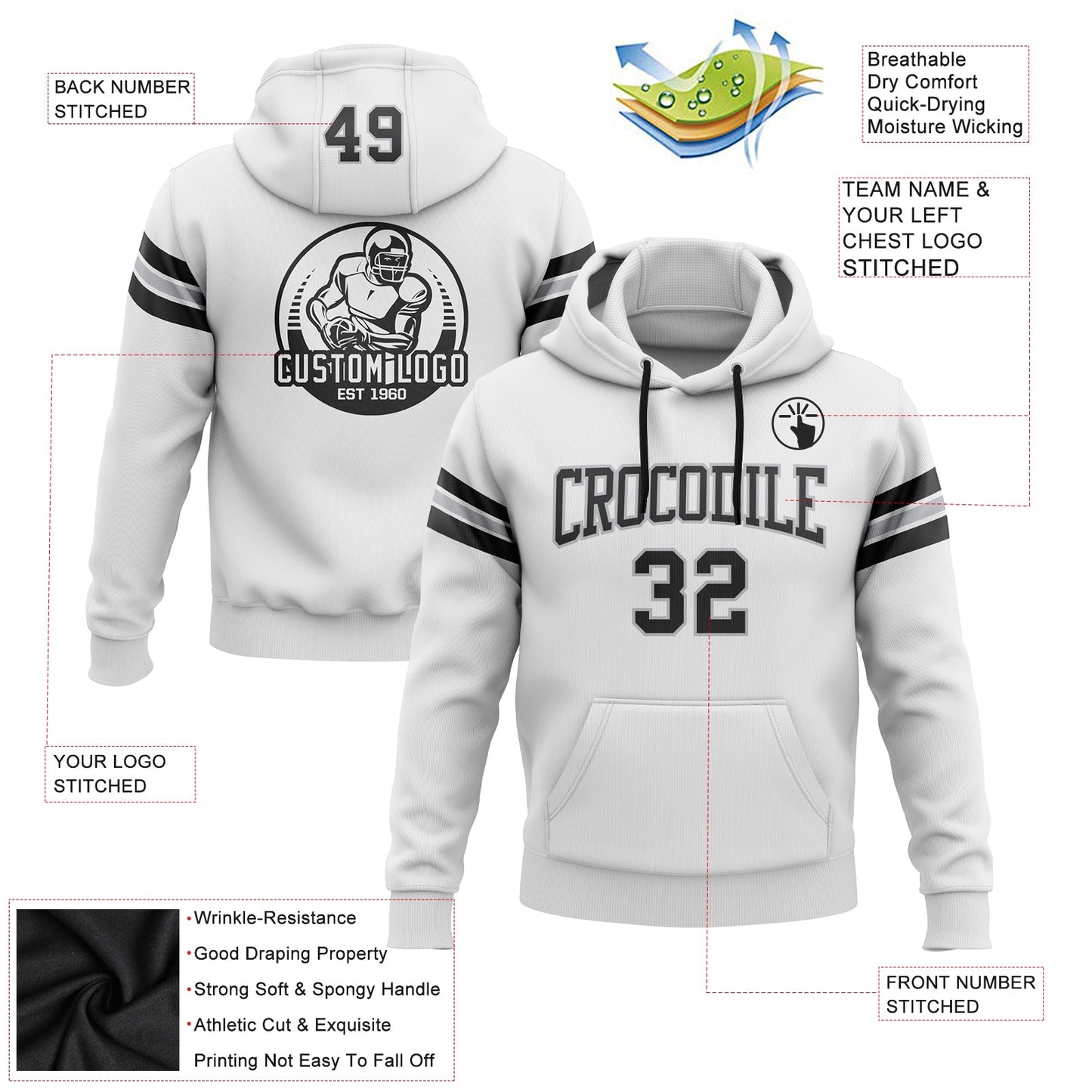 Custom Stitched White Black-Gray Football Pullover Sweatshirt Hoodie view 2