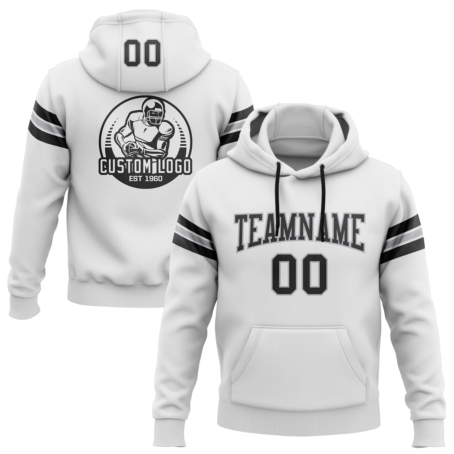 Custom Stitched White Black-Gray Football Pullover Sweatshirt Hoodie - Main View