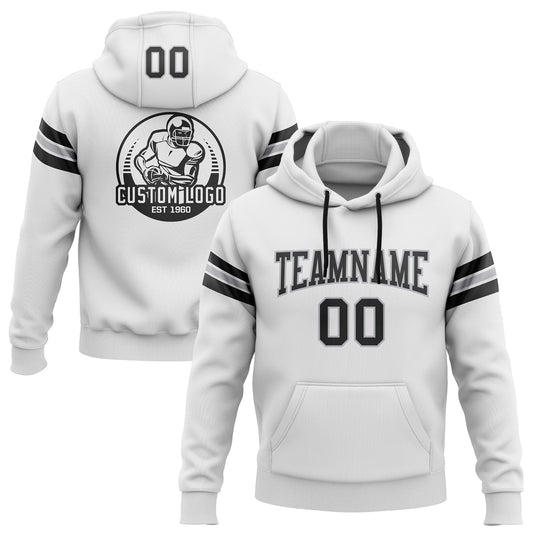 Custom Stitched White Black-Gray Football Pullover Sweatshirt Hoodie - Main View