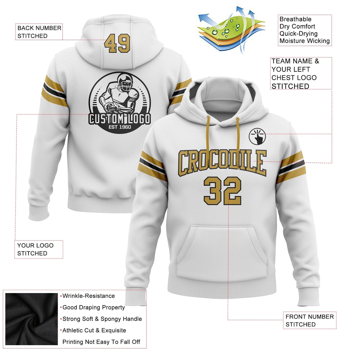 Custom Stitched White Old Gold-Black Football Pullover Sweatshirt Hoodie view 2