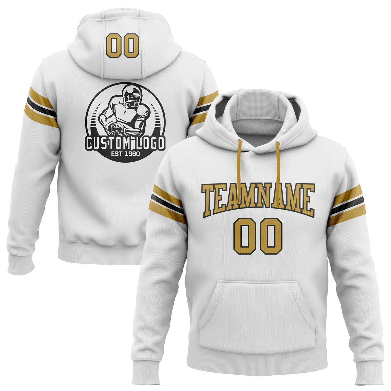 Custom Stitched White Old Gold-Black Football Pullover Sweatshirt Hoodie - Main View