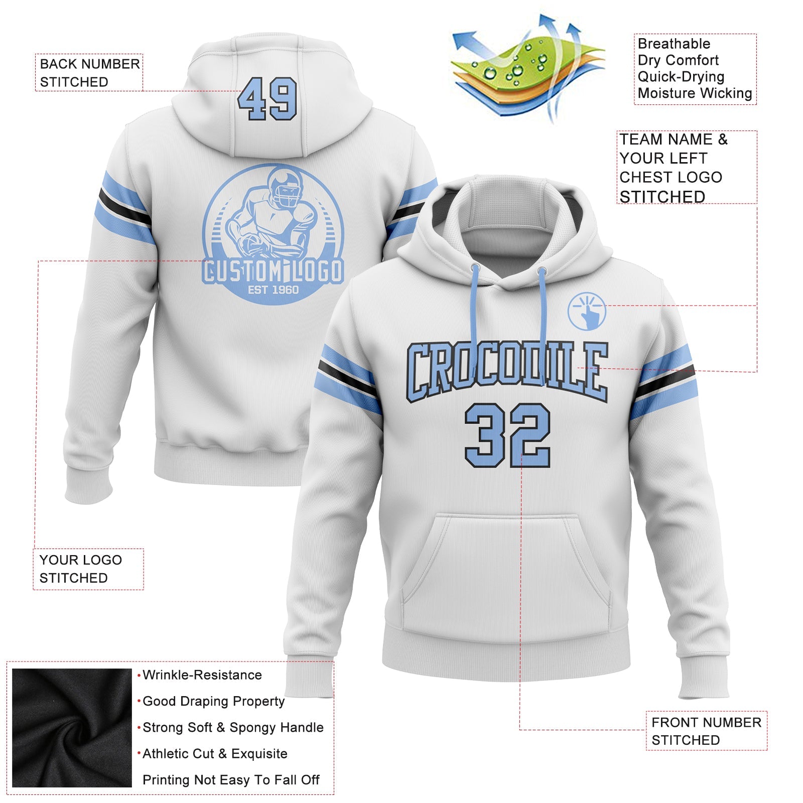 Custom Stitched White Light Blue-Black Football Pullover Sweatshirt Hoodie view 2