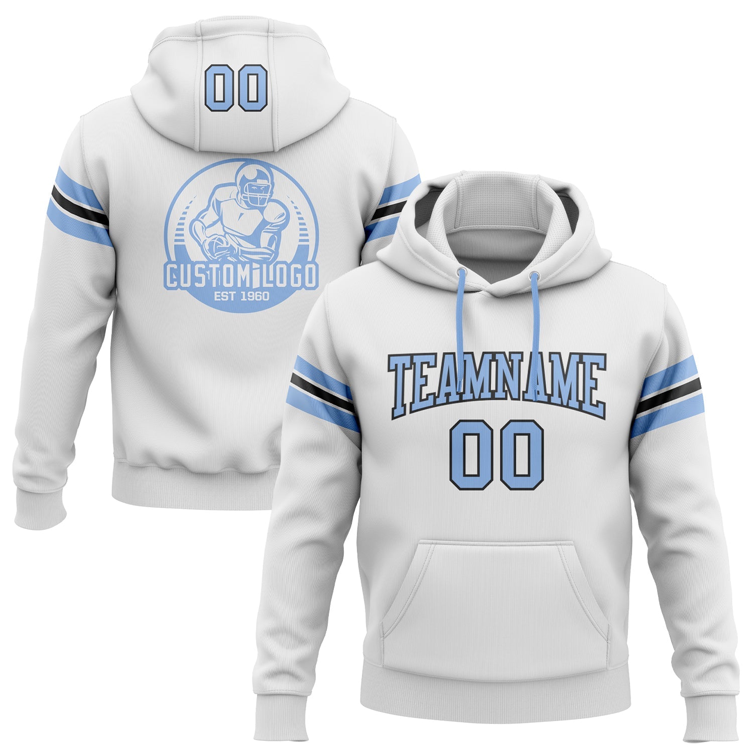 Custom Stitched White Light Blue-Black Football Pullover Sweatshirt Hoodie - Main View