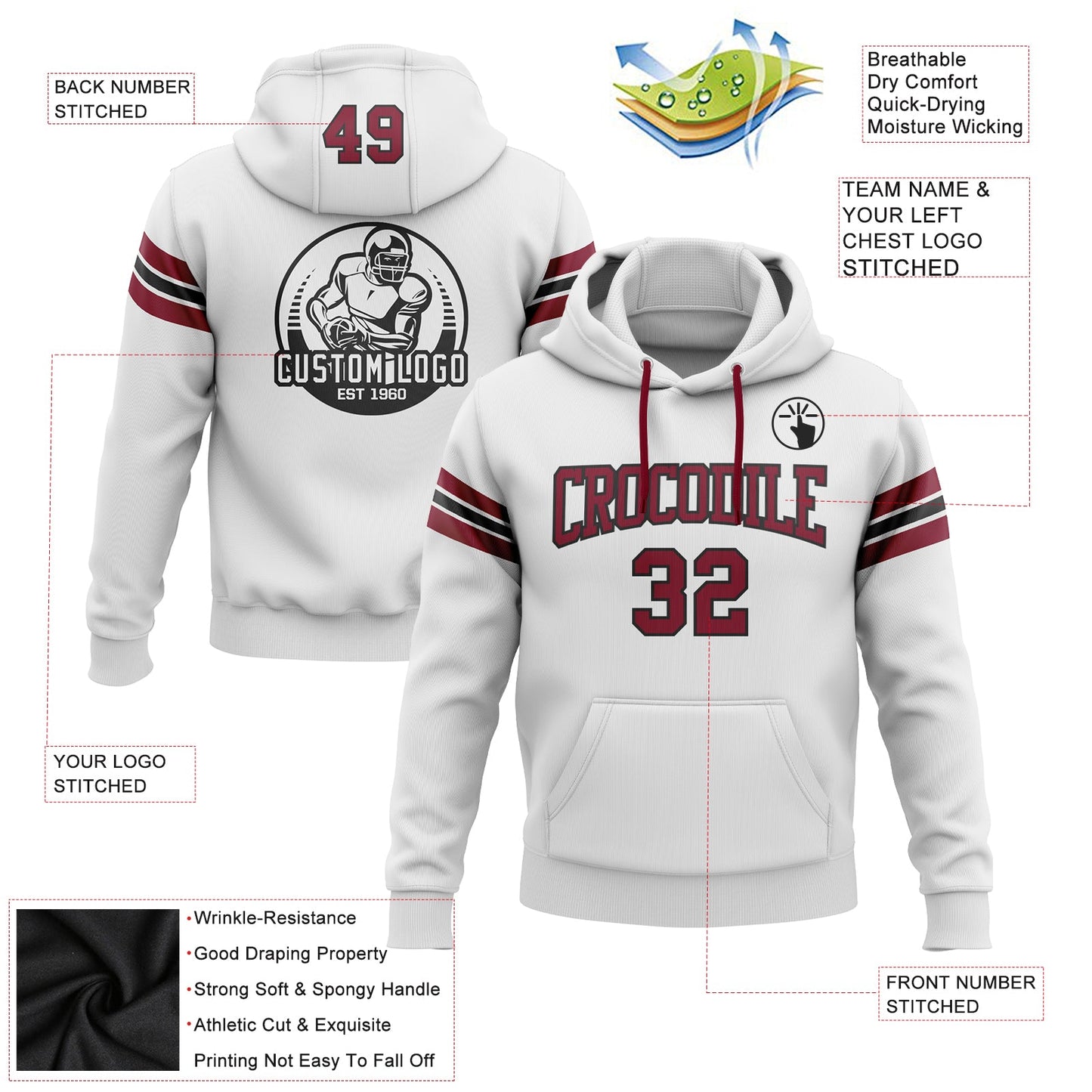 Custom Stitched White Crimson-Black Football Pullover Sweatshirt Hoodie view 2