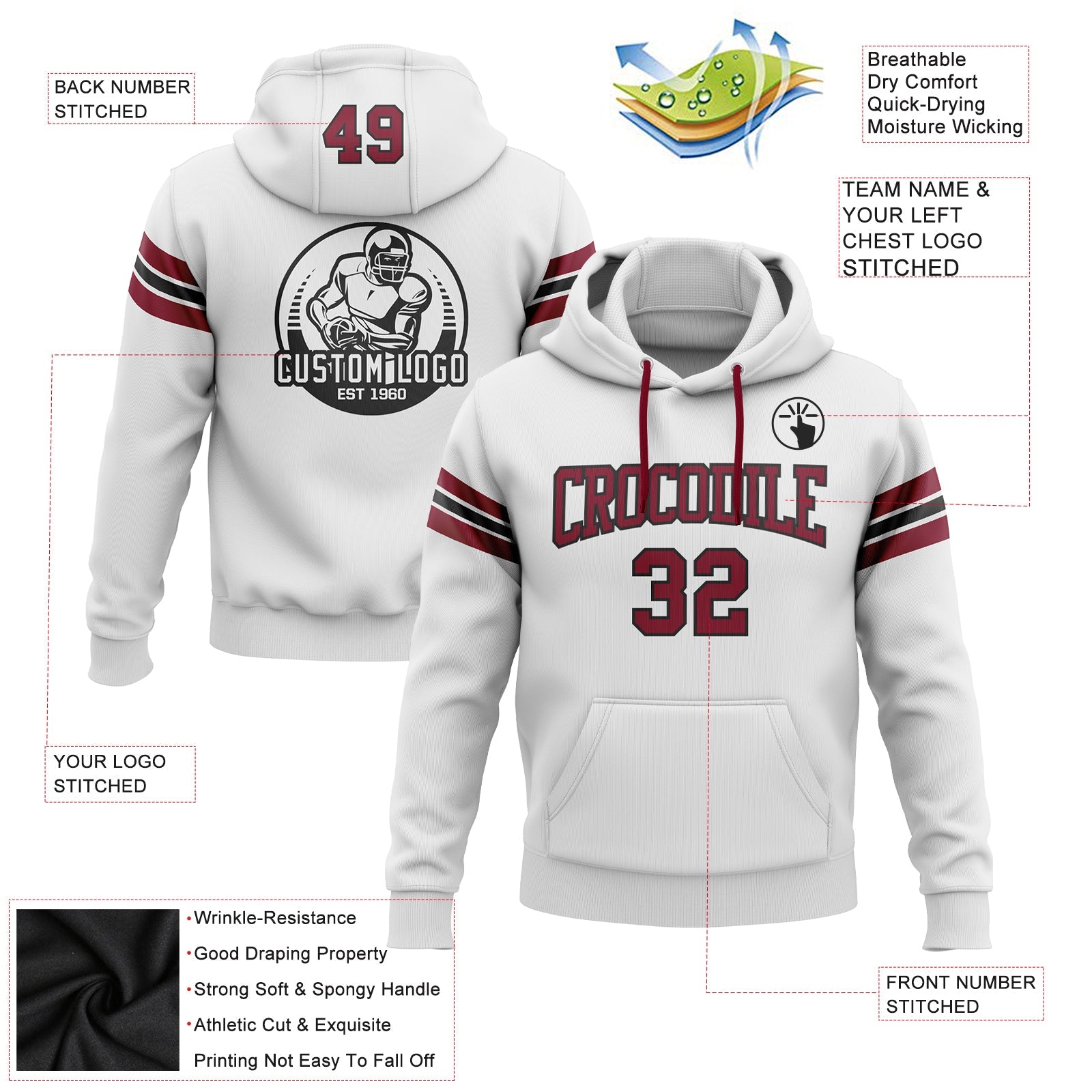 Custom Stitched White Crimson-Black Football Pullover Sweatshirt Hoodie view 2