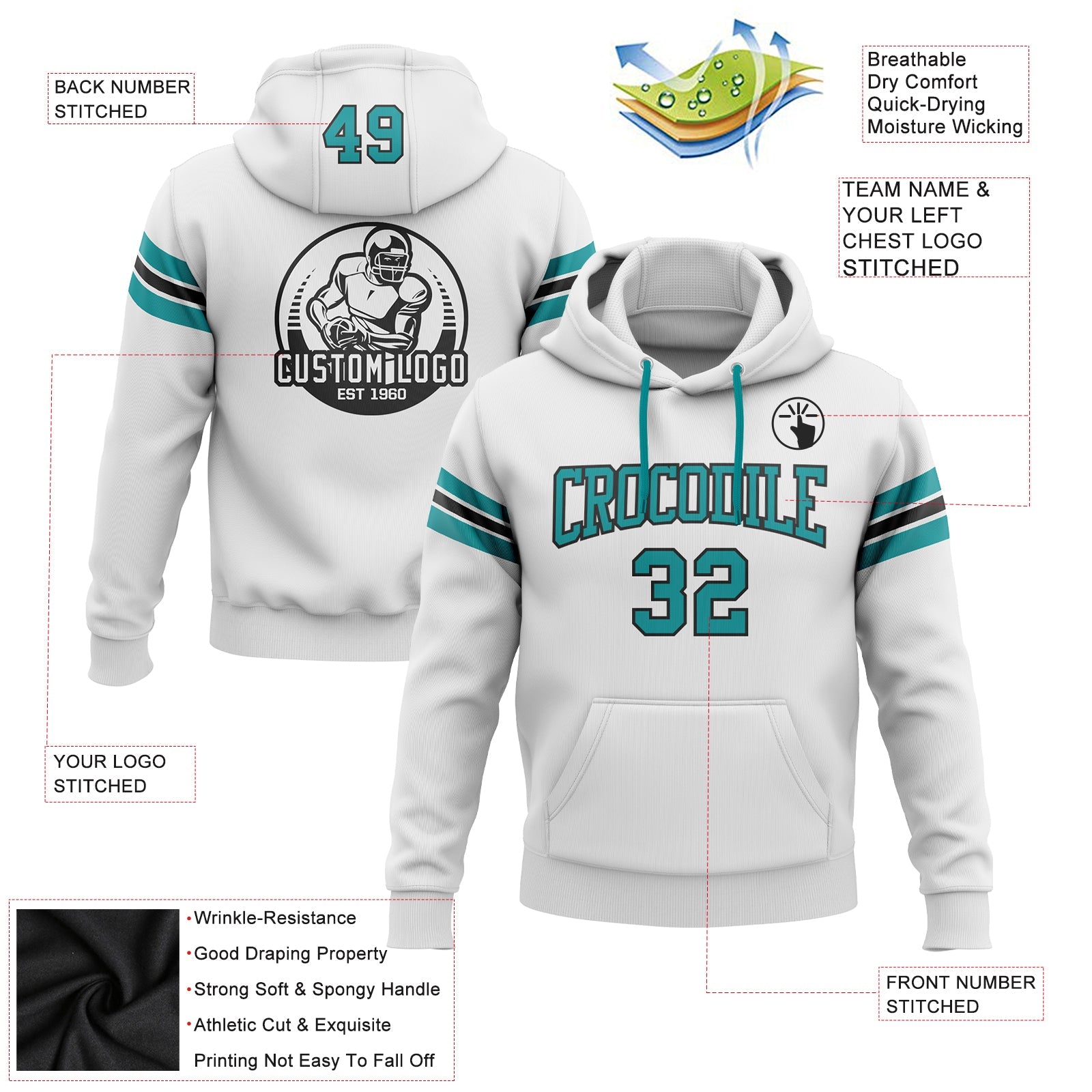 Custom Stitched White Teal-Black Football Pullover Sweatshirt Hoodie view 2