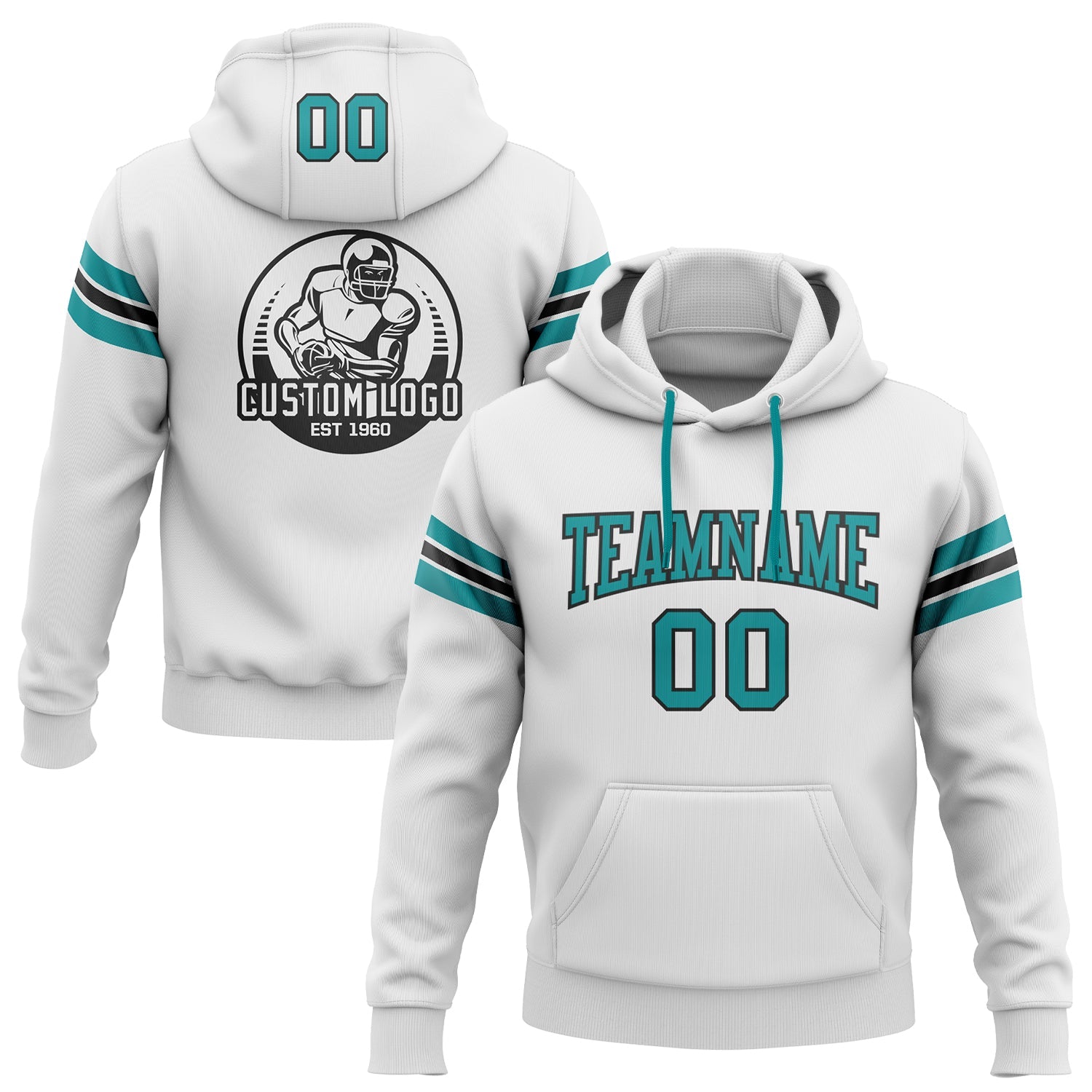 Custom Stitched White Teal-Black Football Pullover Sweatshirt Hoodie - Main View