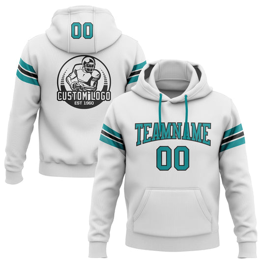 Custom Stitched White Teal-Black Football Pullover Sweatshirt Hoodie - Main View