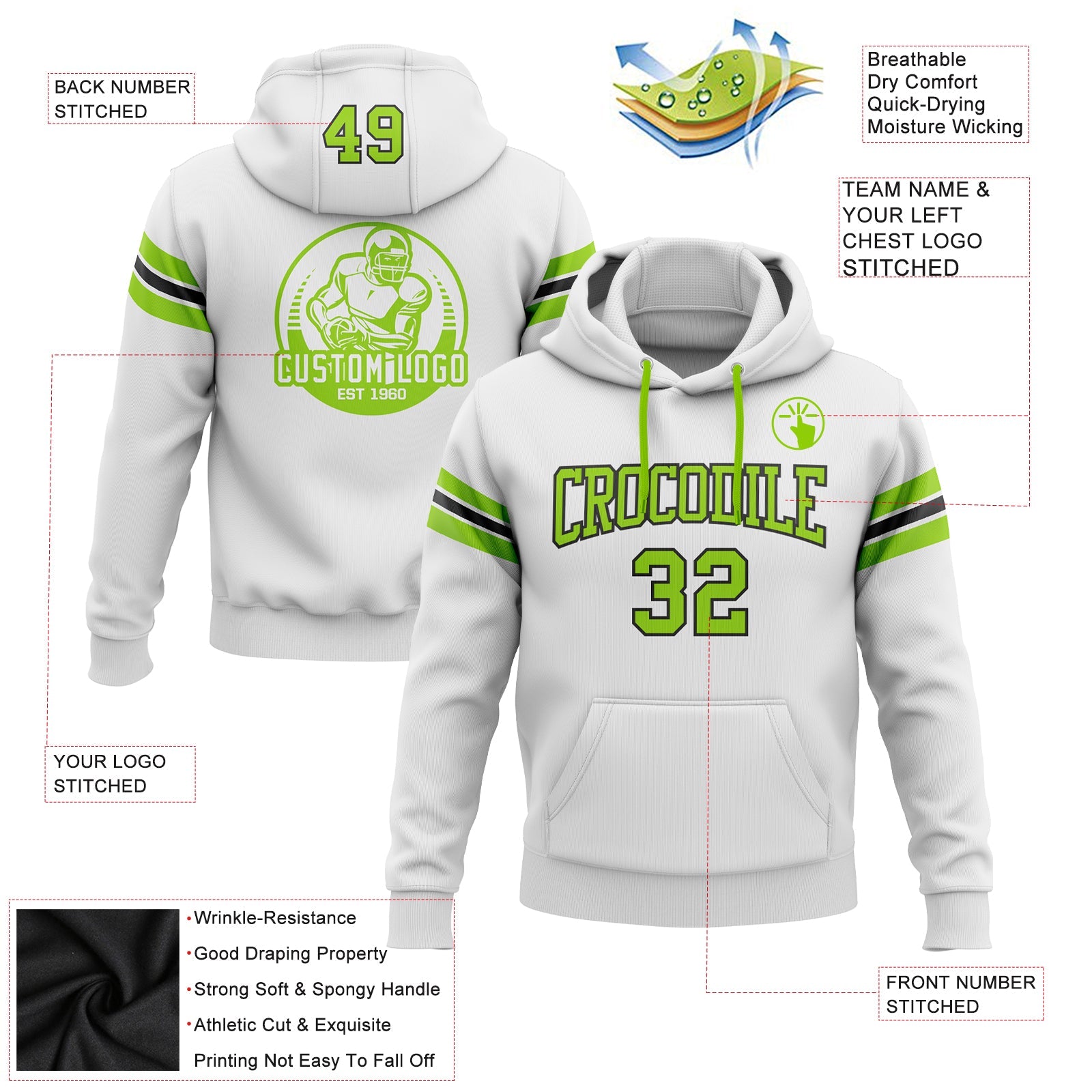 Custom Stitched White Neon Green-Black Football Pullover Sweatshirt Hoodie view 2